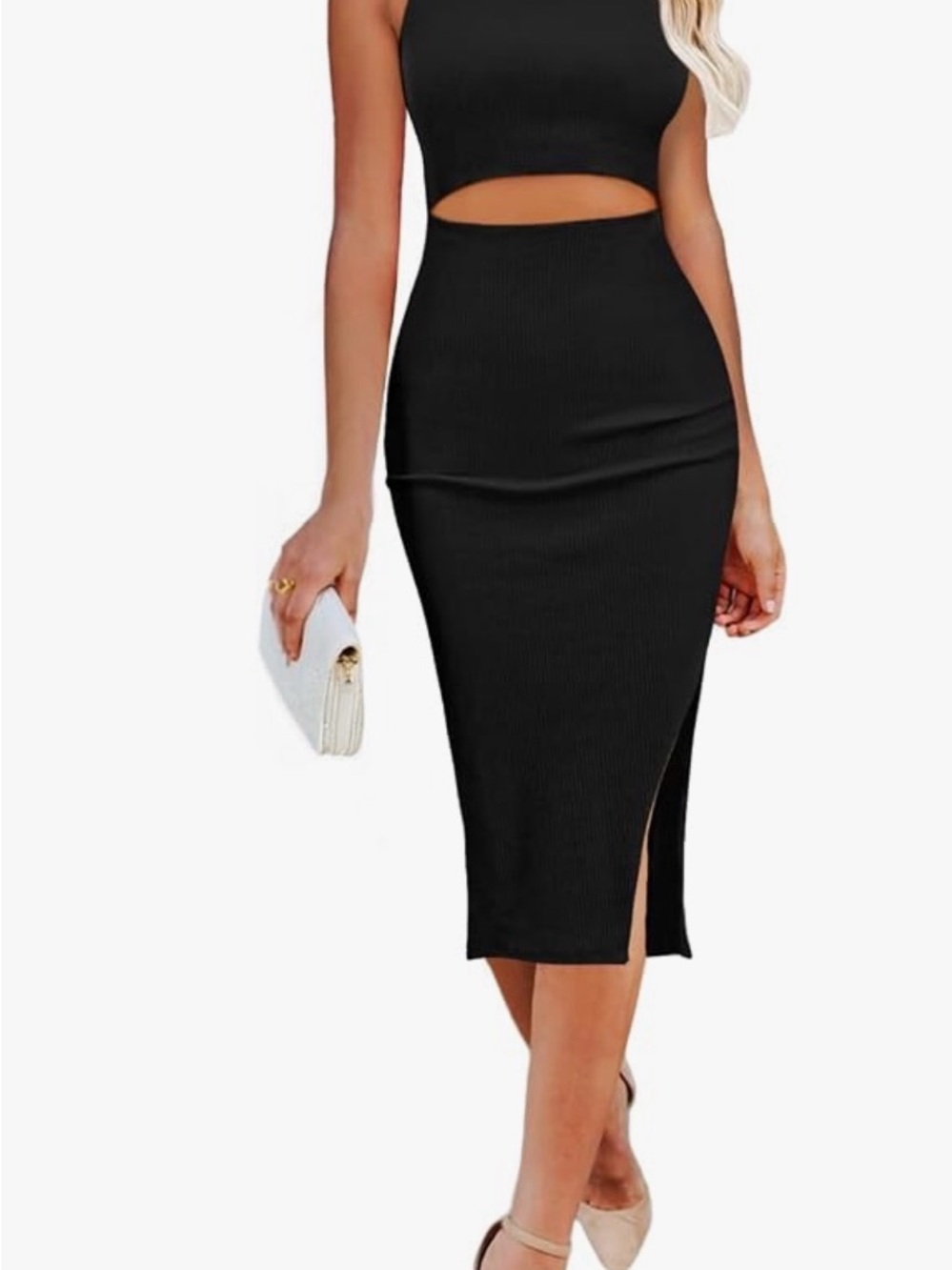 Amazon Black Ribbed Midi Dress with Side Slit